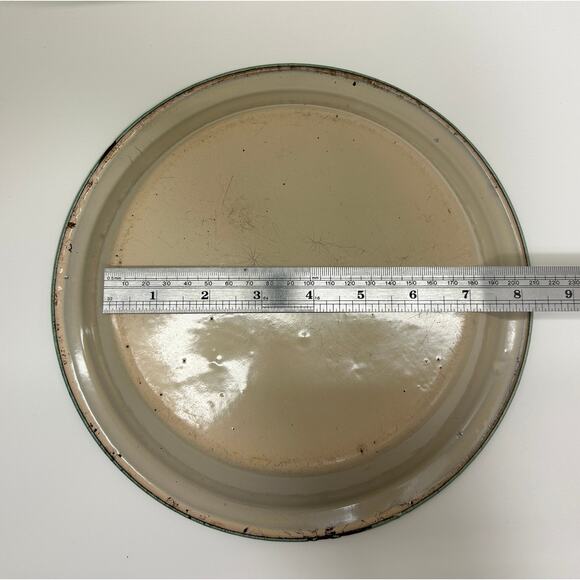 Cream And Green Emamelware, Pie Plate + Mixing Bowl Set Midcentury Farm Kitchen - Picture 8 of 8